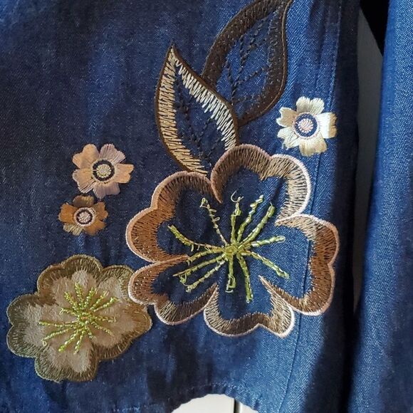 VINTAGE TANTRUM EMBROIDERED DENIM JEAN BLAZER JACKET FLORAL BOHO ARTSY 70s SZ PM - Picture 5 of 8